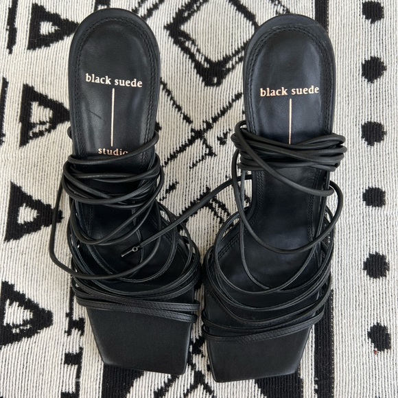 Black Suede Studio Black lace up square toe Strappy Sandal heels Size 37.5 (7.5) - Picture 7 of 9